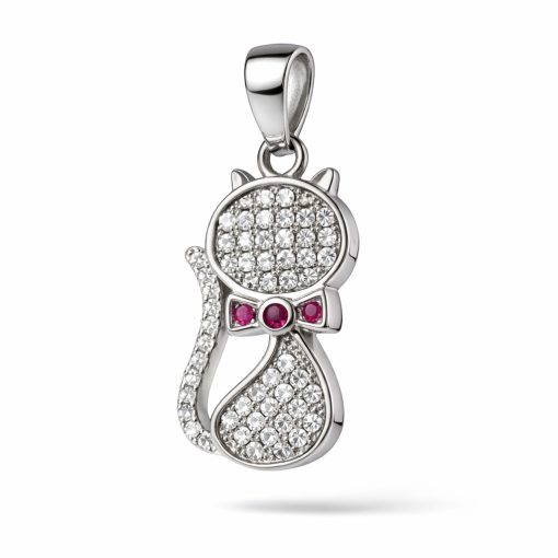 Cica ezüst medál cirkóniával és rózsaszín masnival