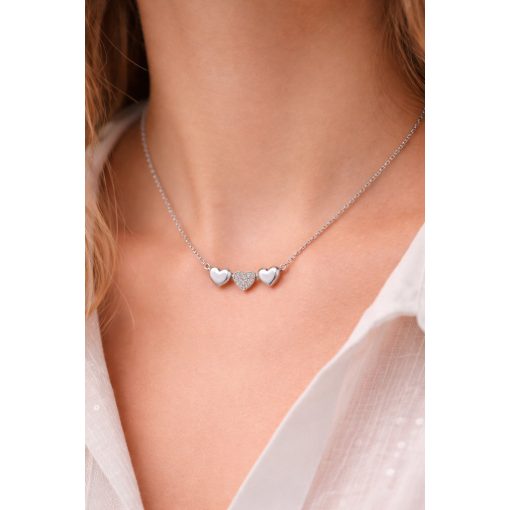 Háromszíves ezüst nyaklánc cirkónia kővel – állítható 45 cm